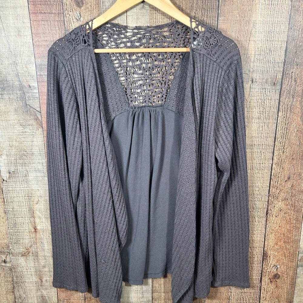 Knox Rose Oversized Crochet Lace Open Front Cardigan Gray Large Boho Mixed Media